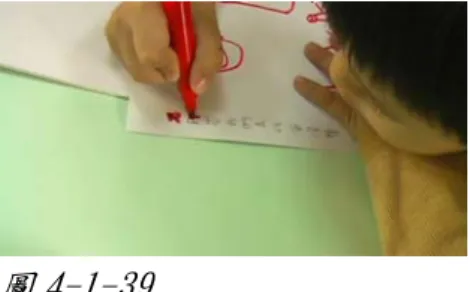 圖 4-1-38                                圖 4-1-39  951109 楷楷畫的日記圖                    楷楷先用彩色筆書寫  楷楷之後就用鉛筆在字的旁邊，一個一個字慢慢的仿寫（圖 4-1-40） 【951109 畫日記圖-楷楷仿寫】 。  圖 4-1-40  楷楷用鉛筆仿寫我剛剛幫他寫的字      當其他的幼兒看到，問楷楷： 「你在幹什麼？」 ，楷楷回答： 「我在 寫這個呀！」 「我在寫國字！」最後，楷楷寫了一遍之後，又找了另一 張紙又寫了一