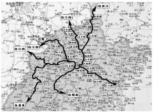 圖 1  清代閩北對外主要交通路線  圖版來源：根據譚其驤，《中國歷史地圖集》第 8 冊（上海：地圖出版社，1982），清時 期，頁42-43 繪製。  交通的優越條件使閩北在中國東南的人口流動中，成為首先 和必須經過的地區之一，且擴增了相關經濟活動事項，大大提升 外來人選擇該地做為謀生之處的數量和機率，自然有助於客民流 入。如清初，由於浦城縣仙霞嶺「為入福建門戶，與江西、浙江 接壤，宜設官控制，招民以實其地，俾無隙可乘」。 24 軍事地位的 提升，使仙霞古道成為閩、浙之間最重要的官道，因而吸引眾多 駐軍、