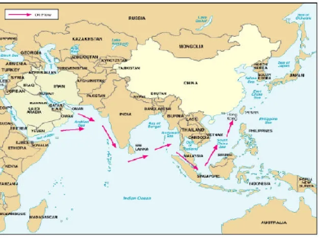 圖 3-4：中國關鍵運輸海線圖  資料來源：作者翻自美國國防部 http://www.dod.mil/news/Jul2005/d20050722graphics.pdf  （二）石油儲備機制建立  中國總理溫家寶曾公開表示，石油和天然氣短缺已經成為制約 其經濟和社會發展的一個關鍵因素，中國政府曾說過要在石油和天 然氣資源開發方面，制定一個可持續發展戰略，成為全國共同努力 的目標，可看出石油能源戰略與維持穩定油源已成為中國重要政策 方針。  從 2004 年中國政府開始建造戰略石油儲備(SPR)。規劃建立能
