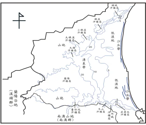 圖 2  宜蘭平原沖積扇分布圖  資料來源：改繪自：施添福，1996。  無祀孤魂廟祠的地理空間分布  廟祠是宗教信仰的核心，為宗教信念的具體象徵與實踐，在臺灣民間信仰中，一庄一廟或多 廟的情形極為普遍。無祀孤魂廟祠以崇拜無主孤魂、枯骨為主，作為無祀孤魂崇拜的陰廟遍及臺 灣各地，因無地毯式的普查，無法確認真正的數量。然而，由於其為數龐大，自然在空間分布上 可歸納出其特徵。這類廟祠神格位階較低，祭祀者通常較少，眾多陰廟分布於相對偏遠區域，遠 離主要聚落。傳統臺灣社會有「宮前不宜住家」的觀念（林晉德，1998）