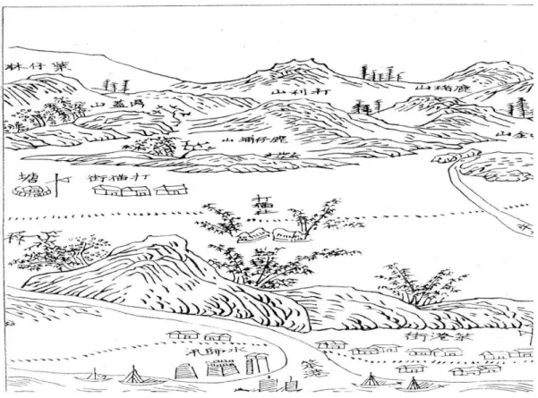 圖 2-2  康熙 56 年《諸羅縣志》〈山川總圖〉中笨港街位於笨港溪南岸 36 。      圖 2-3  乾隆 7 年刊行《重修台灣府志》〈諸羅縣圖〉出現笨港北街 37 。                                                    36   周鐘瑄：《諸羅縣志文建會版》，頁 41。 