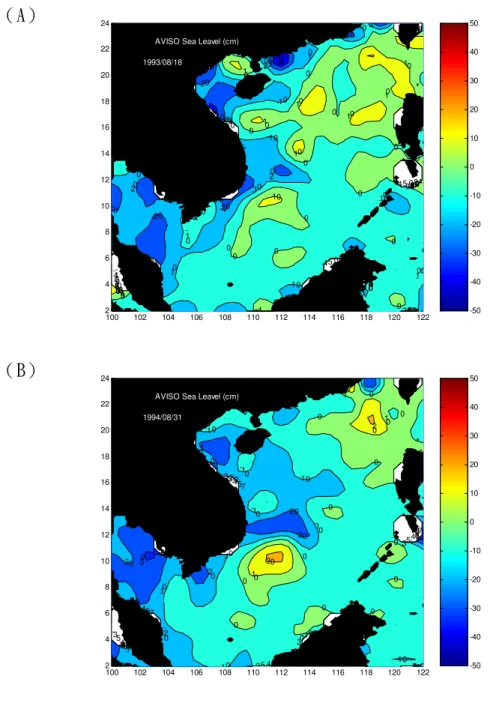 圖 3-1： （A）～（J）為 1993～2002 每年八月間，南海某一天的 AVISO 衛星測高海表面高度距平   （A）  1993 年 8 月 18 日  （B）  1994 年 8 月 31 日 （A）100102104106108110 112 114 116 118 120 12224681012141618202224-70-707-0-70-70-70-70-70-70-60-60-60-60-60-606-0-60-60-50-50-50-50-50-505-0-50-50-45.084-