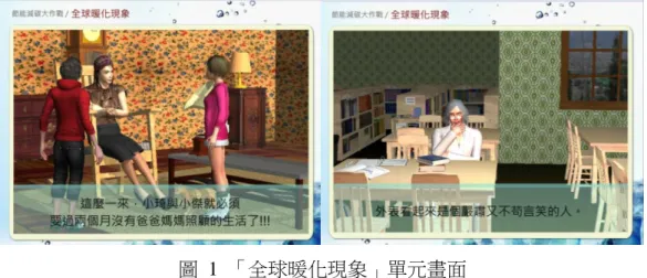 圖  1  「全球暖化現象」單元畫面  本教材將發布成網頁模式，以利推廣至全國各地的國民中學。因此，學習者 的電腦只要具備網路連線的功能、Flash  程式的播放軟體與喇叭等設備，即可以 透過網路進行本教材的學習。  四、實施階段與評鑑階段  本教材發展完成後，將進行相關的教學實驗，實際了解學習者對於本教材的 滿意度與看法。此外，本教材也預計邀請專家學者對於教材進行形成性評鑑與總 結性評鑑，並根據專家與學習者的回饋加以修正，以使本教材能夠更符合國中生 的學習需求。  貳、結論  本文將網路情境模擬教材運用在