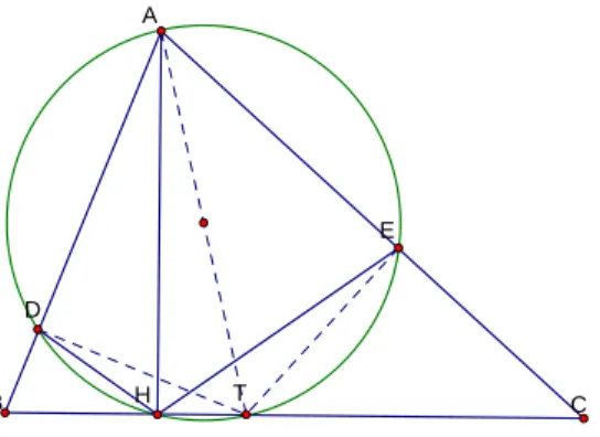 圖 4-1-1：第一題的關鍵表徵：A,D,H,T,E 五點共圓  本題的關鍵在於解題者能否形成 A,D,H,T,E 五點共圓表徵，並以此解題；五點 共圓是推出 ∠ AHD= AHE∠ 的前提。從邏輯演繹的觀點來看，四點共圓表徵是五點 共圓表徵的基礎，解題者應先確認四點共圓之後，才能推得五點共圓表徵。因此將 「確認四點共圓表徵」 、 「確認五點共圓表徵」及「解題完成」等時間做為本題關鍵 時間。本題有兩個部分需要精確作圖，一是 HD、TD、HE 與 TE 四條線段可能產 生視覺上的干擾，造成解題困難；二是五點共