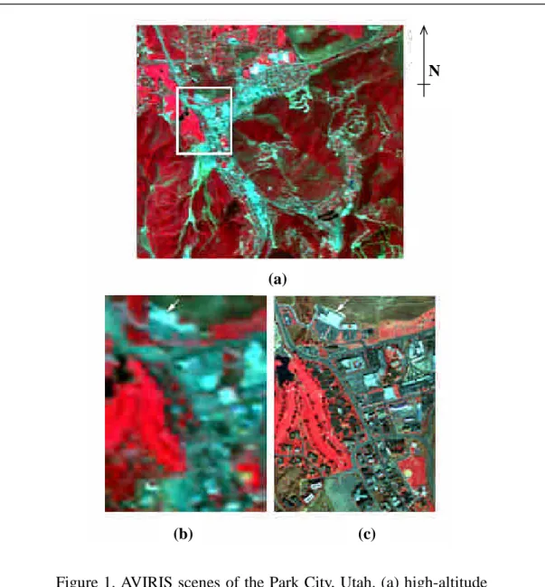 Figure 1. AVIRIS scenes of the Park City, Utah. (a) high-altitude AVIRIS scene showing white box that outlines the study area where both covered by the high- and low-altitude AVIRIS overflights