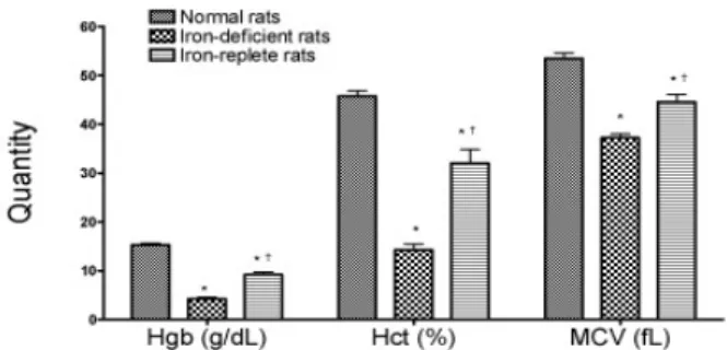 Figure 1. Hemoglobin (Hgb), hematocrit (Hct) and mean  corpuscular volume (MCV) of the normal, iron deficient  and  iron-refed  rats