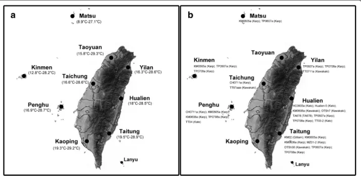 Fig 1 Study sites for the collection and identification of Orientia tsutsugamushi (OT) strains in chiggers from small mammal hosts in Taiwan during 2006 –2010