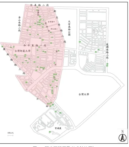 圖 1  研究區範圍及咖啡館位置 6 資料來源：本研究繪製  （二）研究概念 為探討咖啡館消費空間中人的主動性，筆者以地理學中最為關注「人」的人本主義地理學做 為本研究知識論基礎，借鏡於人本主義地理學學者 Yi-Fu Tuan 的理論，並對於所欲探討的咖啡館 空間展開空間性的討論。茲將概念陳述如下：  1