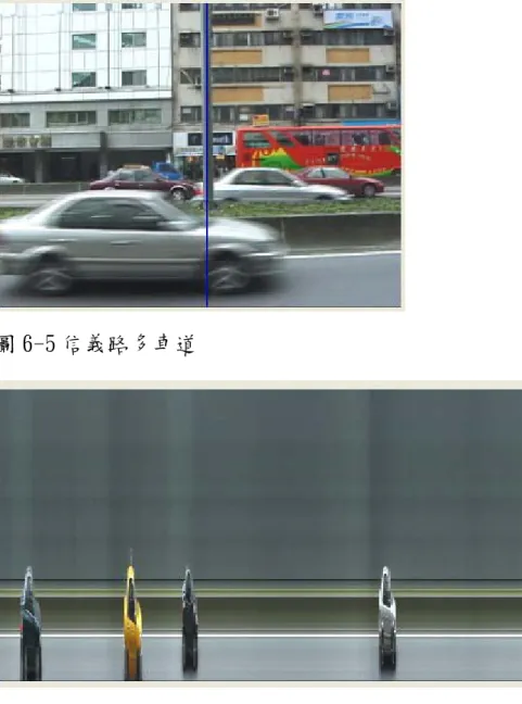 圖 6-5 信義路多車道  圖 6-6 影片 EPI-1  實際數量  辨識數量  錯誤數量  正確率（％） 小客車  35  35  0  100  小卡車  4  4  0  100  大卡車  0  0  麵包車  2  2  0  100  箱型車  16  15  1  93.75 