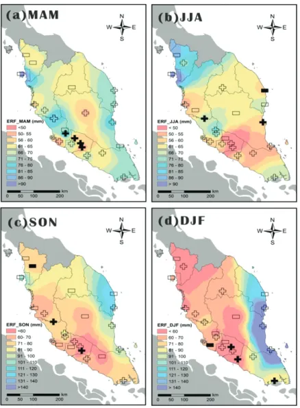 Fig. 4  The trend and average extreme rainfall intensity from 1971 to 2007 in Peninsular Malaysia  during the (a) MAM, (b) JJA, (c) SON, and (d) DJF