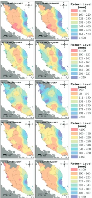 Fig. 6  The spatial variation of the annual and seasonal extreme rainfall intensity    under 50-year and 100-year return periods