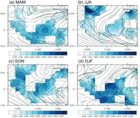 Fig. 2  The average meridional and zonal wind (vector) and rainfall (contour)    for the (a) MAM, (b) JJA, (c) SON, and (d) DJF