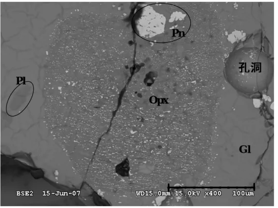 圖 3-5-1、1200℃反射電子影像圖，圖中為玻璃（Gl）＋斜長石相（Pl）＋ 直輝石（Opx）＋富鐵的鐵鎂尖晶石（Pn）。  圖 3-5-2、1200℃反射電子影像圖，圖中為玻璃（Gl）＋鐵鎂尖晶石（Pn）。 上方較暗的為富鎂的鐵鎂尖晶石。 Opx Pl  Gl Pn Pn Pn Gl  孔洞 