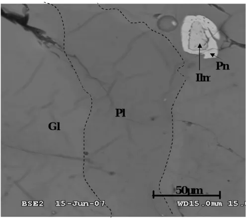 圖 3-5-3、1200℃反射電子影像圖，圖中為玻璃（Gl）＋斜長石（Pl）＋鐵鎂 尖晶石（Pn）＋鈦鐵礦相（Ilm）。斜長石的灰階較玻璃為深，在光 學顯微鏡下不易發現。  圖 3-5-4、1200℃反射電子影像圖，圖中為玻璃（Gl）＋斜長石（Pl）＋鐵 鎂尖晶石（Pn）＋鈦鐵礦（Ilm）。圖中條帶狀的礦物中暗色的為 鈦鐵礦，較亮的為鐵鎂尖晶石。 Gl  Pn Ilm Pl Gl Pn Pl  Ilm 50µm 200µm 