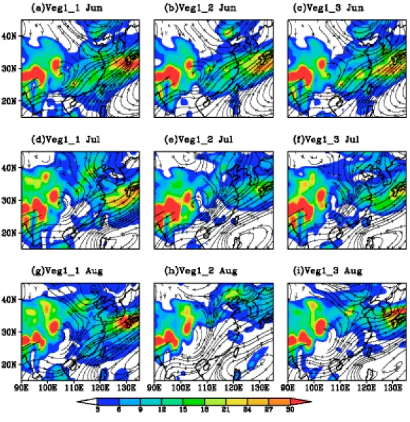圖 7.13：中南半島地表改變模擬實驗，PRM 模擬降雨與 850hPa 流線場之比較，