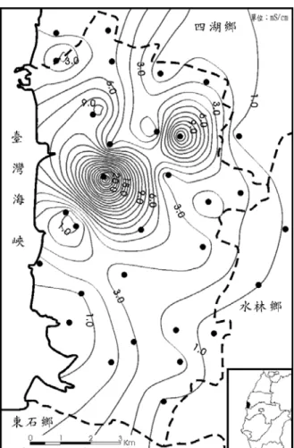 圖 3-1、研究區Ⅰ土層夏季電導度等值線圖 圖 3-2、研究區夏季Ⅱ土層電導度等值線圖 