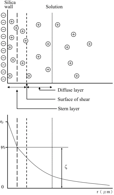 圖 2-3  毛細管壁因帶電荷而形成電雙層及zeta電位示意圖 SolutionSilica wall Stern layer Surface of shear Diffuse layer ψ0ψδ0r（μm） ζ