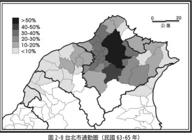 圖 2-8 台北市通勤圈（民國 63-65 年）  註：改繪自陳國章、陳文尚（1976）， 〈台北市通勤圈〉 ，《地理教育》2，台北：國立台灣師範大學地理系，頁 10。 80 年的 0.22%。 69 儘管如此，外僑 所能提供的勞動力仍相當有限。  台北市外僑人口的來源，多 達四十餘個國家，以日本 24.4%、 美國 23.5%和馬來西亞 17.8%的 人數最多。 （圖 2-9）這些來自世 界各地的勞動力，在台北市所從 事的工作也多有差異：商人、工 程師、會計師以日本、美國、馬 來西亞外僑為主，技師幾乎全來