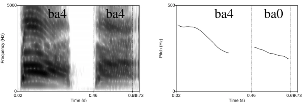 Figure 6-3    An example of the spectrogram and the tonal contour of the term ba4ba0  (“father”) in Taiwan Mandarin 