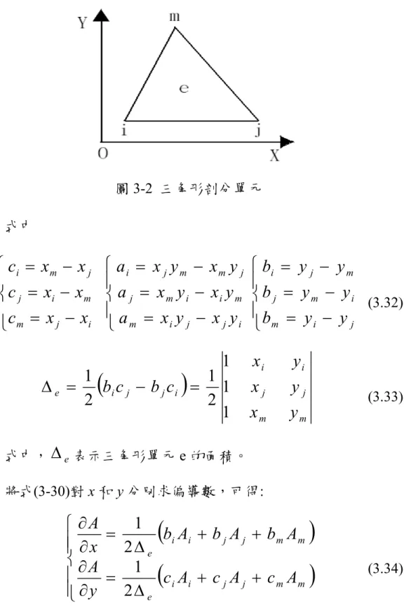 圖 3-2  三角形剖分單元          式中     ijmmijjmixxcxxcxxc   ijjimmiimj jmmjiyxyxayxyxayxyxa    jimimjmjiyybyybyyb   (3.32)    mmjjiiijjieyxyxyxcbcb1112121               (3.33)          式中，  e 表示三角形單元 e 的面積。          將式(3-30)