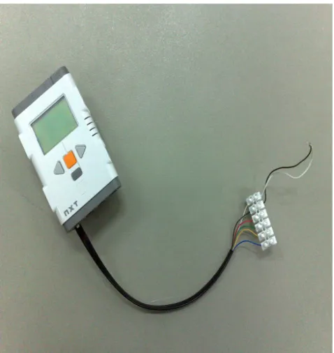 圖 3-3  電壓感測器  沒處理過的原始資料(RAW DATA)，原始資料顯示的範圍為 0~1023，而 NXT 所讀到的類比資料為 0~5V，故若想將此感測器資料 轉換成溫度需要透過下列運算式:    [ ]21 5 1023 RawE= −  V [ ]100005000 1023 RawE= − mV 而且其 NXT-G 程式編輯的方式如圖 3-4，一開始採用任一 sensor 量測指令，並擷取其 Raw Data 的資料將其乘以 10000 並除上 1023 後 再減掉 5000，將此