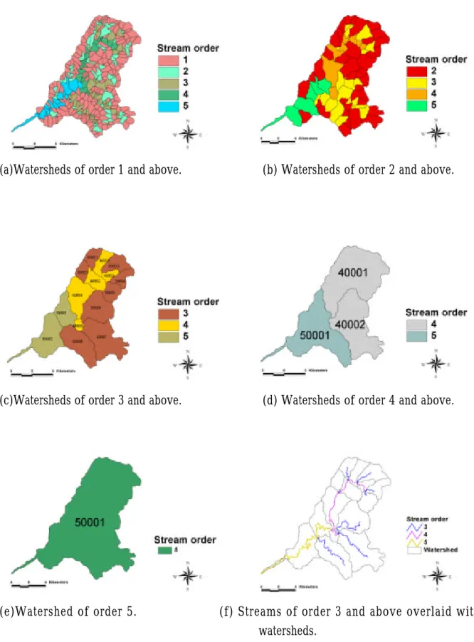Fig 4. Watersheds delineated for different minimum stream orders. 