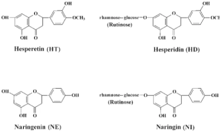 Fig. 1. Chemical structures of hesperetin (HT), hesperidin (HD), naringenin (NE), and naringin (NI).