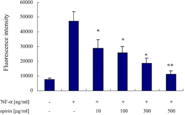 Fig. 5. Inhibition of monocyte (U937) adhesion by aspirin. HUVECs were incubated with serum-free medium for 12 h before different concentrations of aspirin were added, after 12 h incubation cells were stimulated with/without TNF- ␣ (10 ng/ml) for another 2