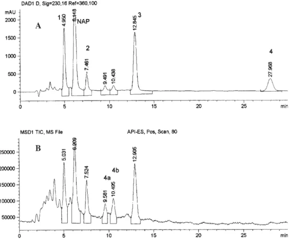 Figure 2.  LC-ESIMS of an 1.00 m M   NAP sample in methanol photo-irradiated by the low-pressure