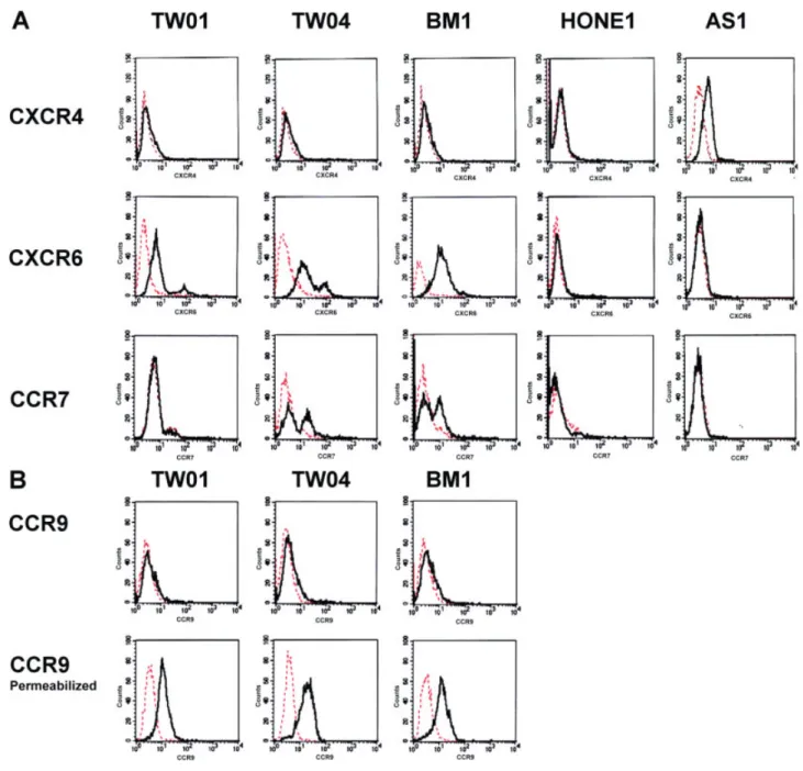 Figure 2. Flow cytometry analysis of surface or intracellular expression of CCR7, CCR9, CXCR4, and CXCR6 by NPC cell lines