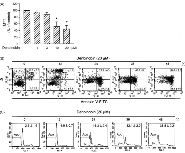 Fig. 1. Denbinobin-induced A549 cell death. (A) Cells were treated with vehicle or denbinobin (1–20 ␮M) for 24 h, and cell viability was determined by the MTT assay