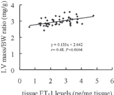 Fig. 4. ET-1 concentrations of the left ventricle in relation to the ratio of LV mass to body weight from data in SHR treated with vehicle, pravastatin, mevalonate, pravastatin ⫹ mevalonate, and hydralazine