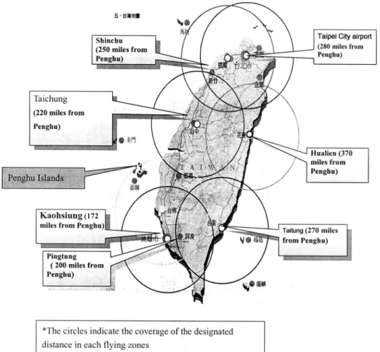 Fig. 1. EAMT responsible zones and average one-way flight distances to the Penghu Islands.