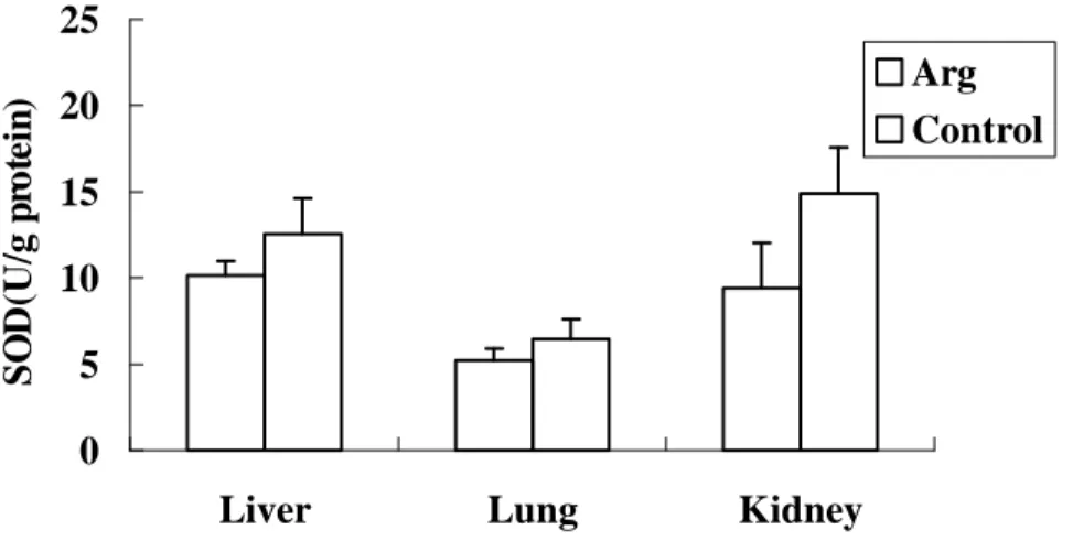 Fig.  3.  Superoxide  dismutase  (SOD)  activities  in  tissue  homogenates  between  the  2  groups after the burn