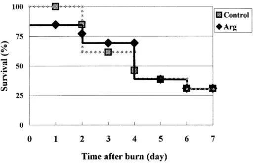Fig. 3. Survival curves of the arginine and control groups after challenge with Pseudomonas aeruginosa at burn area (n ⫽ 15 for each group)