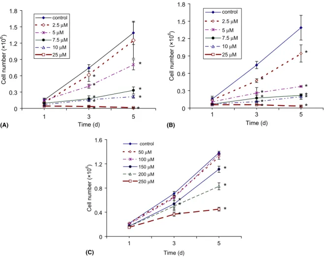 Fig. 1. Eﬀects of PEITC, BITC, and I3C on the growth of A549 cells. Cells were treated with various concentrations of PEITC (A), BITC (B) and I3C (C), and then were collected and counted with a Coulter counter at the times indicated