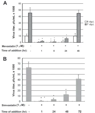 Figure 1 Time-dependent effects of mevastatin (A) or simvastatin (B) at 1 m M on human cytomegalovirus replication