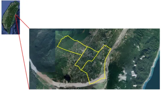 Figure 2. The study site of this research. The overview image of Taiwan is from Google Earth, and the base map is from a WMS server created by the National Land Surveying and Mapping Center, Ministry of the Interior, Taiwan.