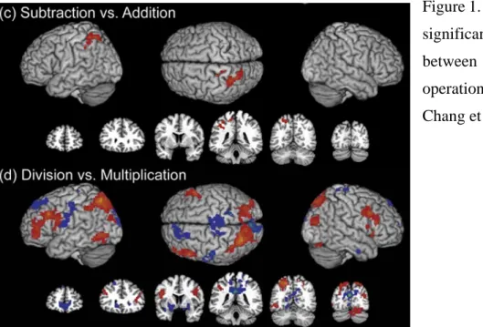 Figure 1. Brain regions that showed  significant differences in activation  between the four basic arithmetic  operations (from Rosenberg-Lee,  Chang et al., 2011)