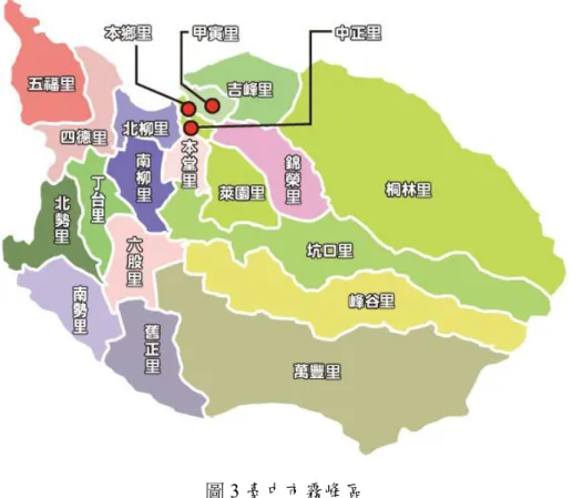 圖 3 臺中市霧峰區  資料來源：霧峰區戶政事務所， http://www.hwufeng.taichung.gov.tw/ct.asp?xItem=298473&amp;ctNode=10152&amp;mp=10 2330，引用日期：2016/12/5  當地舊正社區位於霧峰區南方，南側是烏溪北岸，北與六股里相連，該社 區共 21 鄰，約有 2,400 人，面積約 4.46 平方公里，水田面積佔 70%，是典型 的農業社區，因面臨人口外移、老化的課題，早年在農試所人員的推動下發展 有機或無毒農業，將友善