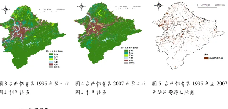圖 3 台北都會區 1995 年第一次 國土利用調查  圖 4 台北都會區 2007 年第二次國土利用調查  圖 5  台北都會區 1995 年至 2007年綠地變遷之狀態  (二)資料說明  本文研究的內容包括綠地變遷趨勢及其對微氣候與空氣品質的影響效果分 析，以及影響綠地變遷因素茲分析，以下分別就這三個部份的資料型態與取得來 源進行說明：  1.綠地變遷趨勢分析  本文彙整內政部國土測繪中心 1995 年及 2007 年的國土利用現況調查資料 (如圖 3、圖 4)，透過土地利用類別的重分類與 GIS 的