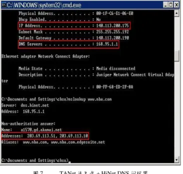 圖 7.  TANet 使用者 + HiNet DNS 伺服器  V. 結論  近幾年來，TANet 與各大 ISP 皆已經有 CDN 服務，然 而鮮少有人觀察到這個服務與 DNS 有著密切的關係，網 管人員通常只認為 DNS 伺服器，只要能夠正確與快速地 解析到位址即可，殊不知還有 CDN 的效能會受到影響， 不管是個人使用或是網管人員，都應該注意到兩者之間的關係。若無特殊需求，建議透過 DHCP [8]的機制安排一般使用者的 DNS  伺服器使用清單，以避免用戶因不熟悉相關問題而自行設定到不  適當的 