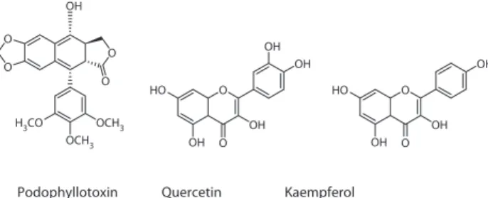 Figure 1.  Structures of podophyllotoxin, quercetin and kampferol.