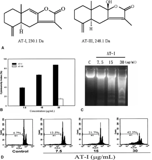 Fig. 1. The cytotoxic activity of AT-I and AT-III on the HL-60 cells. (A) The structures of AT-I and AT-III, (B) the cytotoxicity index of AT-I and AT-III in the concentrations of 7.5, 15, and 30 lg/ml on 12 h-cultured HL-60 cells, (C) the apoptotic parame
