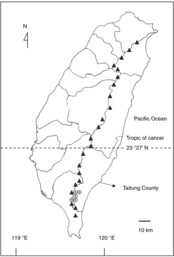 Figure 1 Map of Taiwan showing selected study areas: (¯) Bunun villages; ( ) mountain areas.