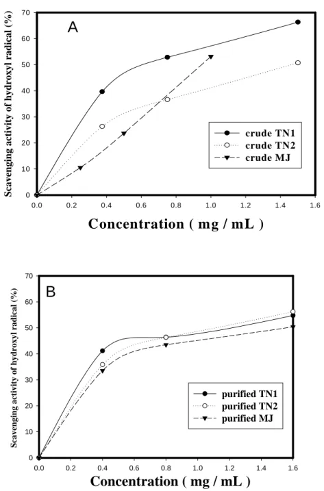 Figure 2. The scavenging activity of crude mucilage (CM) (A) and partially purified mucilage (PPM) (B)  of TN1, TN2, and MJ yam cultivars against hydroxyl radical