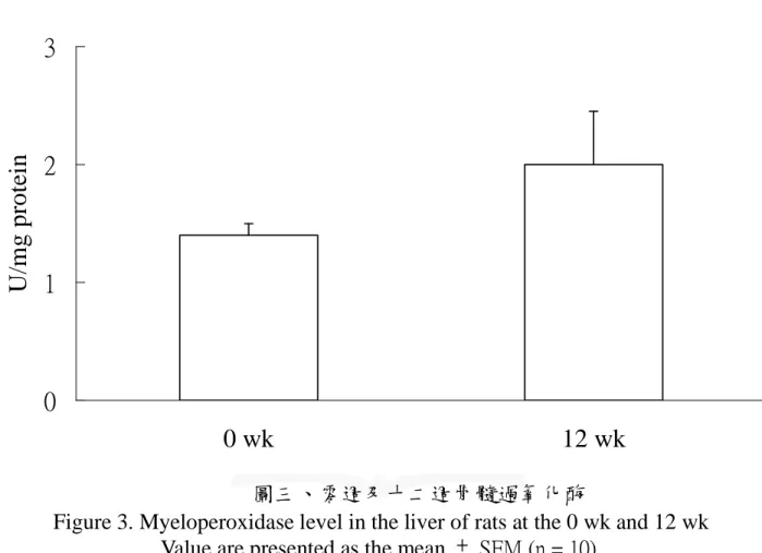 Figure 3. Myeloperoxidase level in the liver of rats at the 0 wk and 12 wk Value are presented as the mean ± SEM (n = 10).