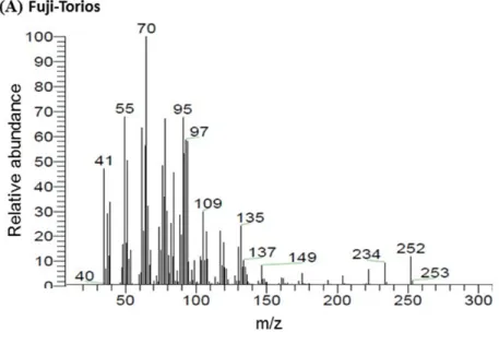 Fig. 2.  The HSGCMS spectra of Trogoderma granarium pheromones. (A) Fuji-Torios; (B) pheromone standard sample.