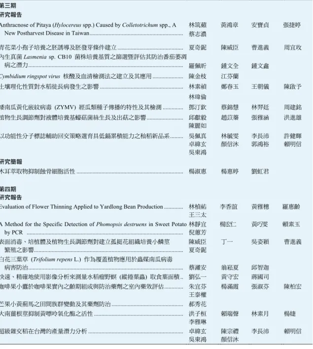 表 10-7  台灣農業研究第六十六卷目次 (續)        第三期 