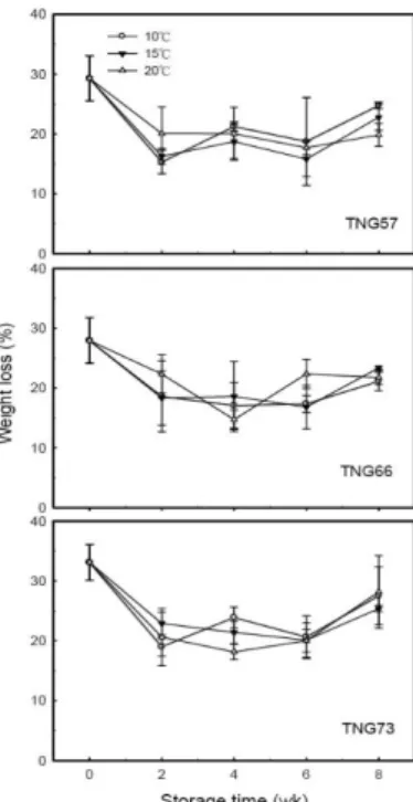 Fig. 4. Effect of storage temperatures on ash content  in baked tuberous roots of three different  sweet potato cultivars, ‘TNG 57’, ‘TNG66’  and ‘TNG73’, during storage period